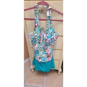 IT FIGURES! Size 12 Print EMPIRE WRAP Tourquise Swim Dress